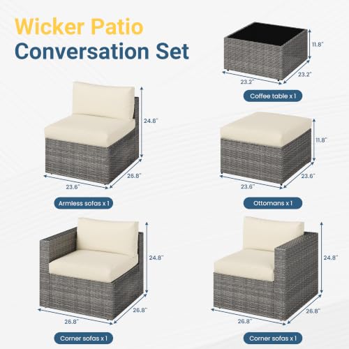 Image of Wisteria Lane 5 Piece Outdoor Patio Furniture Set | All Weather Wicker Patio Sectional Sofa Set with Cushions & Glass Coffee Table for Backyard Garden Balcony, Beige