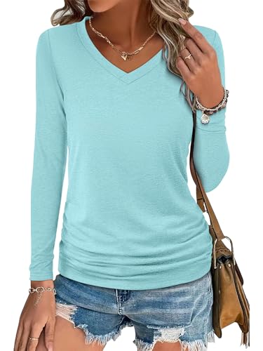 ANRABESS Shirts for Women Long Sleeve V Neck Tops Dressy Business Casual Side Ruched T-Shirts 2025...