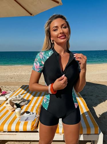 Image of ZAFUL Women's Short Sleeves Rash Guard Boyleg One Piece Swimsuit Zipper Surfing Bathing Suit UPF 50+