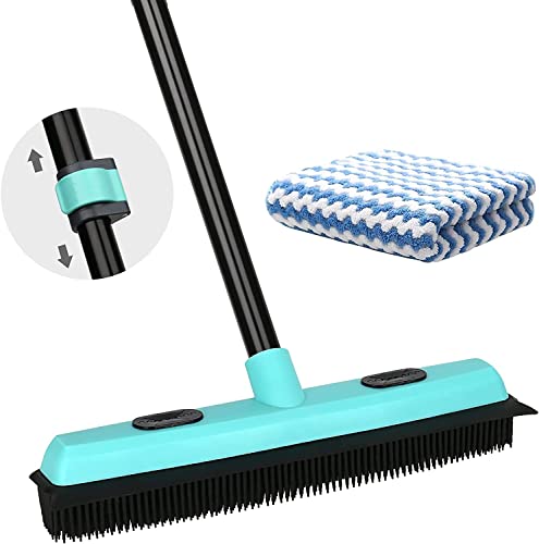 Rubber Floor Brushes Pet Hair Broom with Squeegee150 CM Adjustable Handle,for Hardwood Tile, Tile Artificial Grass Cleaner Brush includes One Microfiber Cloth Dusting