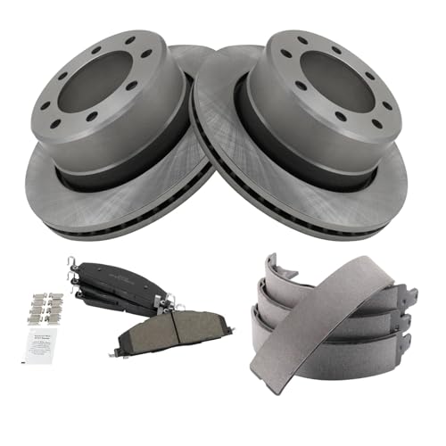 Image of TRQ Rear Brake Pad & Rotor Kit Parking Brake Shoe Set Semi-Metallic Compatible with 2009-2010 Dodge Ram 2500, 3500 2011-2018 Ram 2500 3500