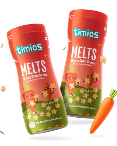 Image of Timios Melts Wholegrain Teething Puffs - Carrot & Cumin, Preservative‑Free, No Maida, Non-Fried, Iron & Fiber-Rich, Travel‑Friendly Snack, Healthy Snacks for Kids, 2x50 g