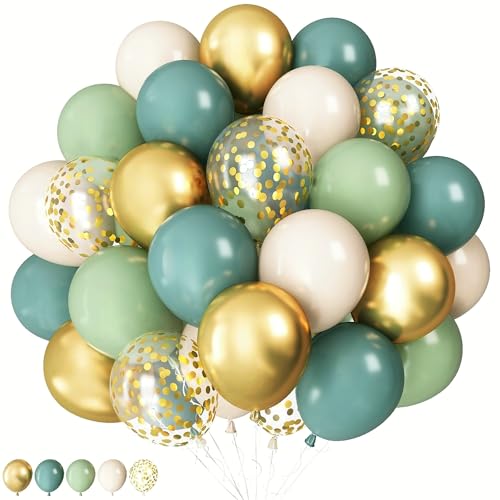 Dusty Blue Sage Green Balloon, 60PCS Pastel Olive Green Slate Blue Beige White Sand Balloon with Metallic Gold Confetti Latex Balloon for Boho Birthday Wedding Baby Bridal Shower Party Decorations