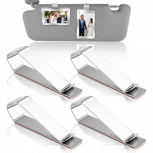 4PCS Car Visor Photo Clip, Stainless Steel Metal Picture Holder with Strong Adhesive, DIY Sun Visor Mounting Kit for Family Photos and Travel Decor, Secure Universal Vehicle Interior Accessory