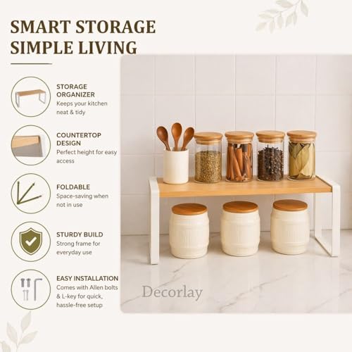 Image of Decorlay Metal & Wooden Spice Rack Countertop Organizer Space Saver Counter-Top Storage For Kitchen, Tabletop, Floor Standing Bathroom, Office, And Cosmetics (White + Beech, Single - Tier)