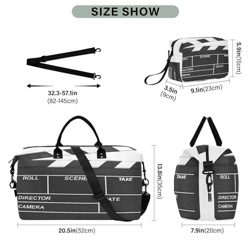 Blank Cinema Movie Clapboard Large Travel Duffle Bag Weekender Overnight Bags Gym Yoga Bag for Women Men with Toiletry Bag3