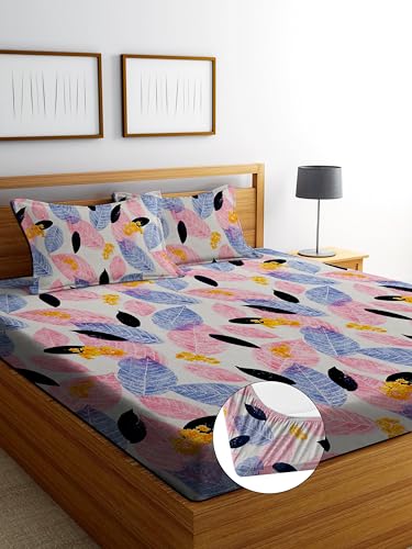 Image of DECORUM Glace Cotton Fitted 1 Bedsheet King Size (72 inchx78 inch) | All Around Elastic | Cotton Feel | 2 Pillow Covers (17 inchx27 inch) | Fits Up to 8 inch Mattress | 200-220 TC | Printed Double Bed Sheet Set