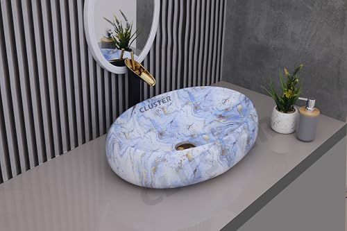 Image of CLUSTER Designer Glossy Ceramic Table Top Wash Basin For Bathroom | Countertop Bathroom Sink For Livingroom, Resturant Decor, Oval Shape (24 x 16 x 6 inch)