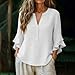 Womens Cotton Linen Dressy Casual Blouses Ruffle 3/4 Sleeve V Neck Tops Button Up Summer Trendy Fashion Work Shirts White
