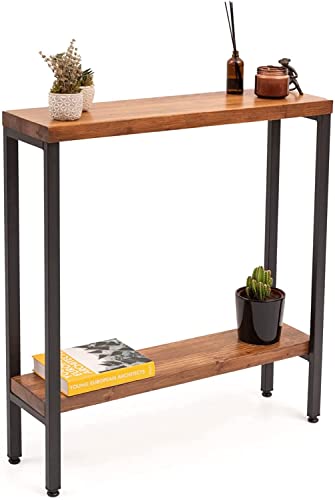 Gozos Huesca Konsolentisch Massiv Schmal, Industrie Beistelltisch, Kiefernholz, Sideboard Zweistöckig mit Schwarz Metallbein, Einzelstück nach Landhausstil in Handarbeit gefertigt, 80 x 22 x 90 cm