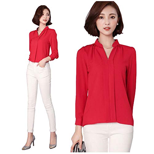 Image of Alaine Women Blouse Long Sleeve Office Lady Shirt Women Tops (Red, Small)
