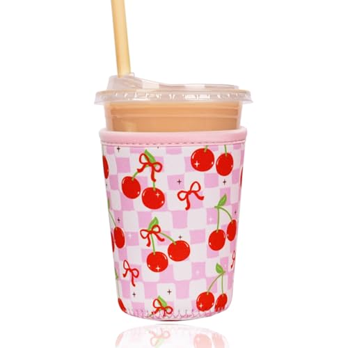 Image of Reusable Insulated Sleeve for Iced Coffee Cup, Coffee Neoprene Sleeve for Cold & Hot Drinks, Beverage Holder for Iced Coffee (Cherry Gleam, Small: 16-18oz)