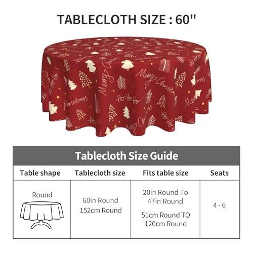 Image of Merry Christmas Round Tablecloth 60 Inch Ho Ho Ho Red with Xmas Trees Table Cover Waterproof Wipeable for Winter Home Kitchen Restaurant Parties Holiday Decor