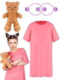 Panitay 4 Pcs Halloween Costume Pink T-Shirt Loose Dress Bear Stuffed Animal Hair Ties for Adult Halloween Cosplay Party