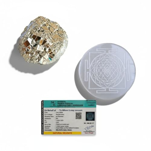 Image of inchOriginal Pyrite Stone with Natural Selenite Charging Plate | Lab Certified Crystal Set for Wealth, Business Luck, Reiki Healing & Vastu Energy inch (SEL+SHREE YANTRA)