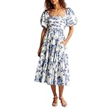 Puff Sleeve Midi Dress, Women's Summer Casual Flowy Beach Floral Ruffle Hem Maxi Dresses (White+Blue,XS) -  BFDSGWQ