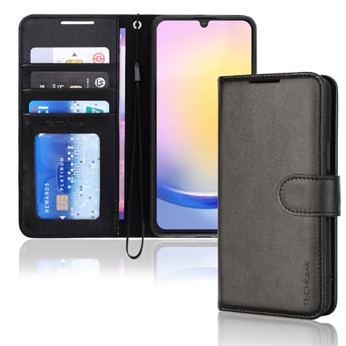 TECHGEAR Galaxy A25 5G Leather Wallet Case Flip Protective Case Cover [RFID BLOCKING] with Wallet Card Holder Stand & Wrist Strap - Black PU Leather with Magnetic Closure Designed For Samsung A25 5G