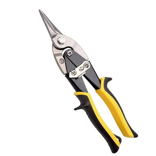 Image of 10" Straight Cut Aviation Tin Snips | Heavy Duty Cr-Mo Steel Metal Cutter with Serrated HRC 56-62 Hardened Blades | Safety Lock | Soft Grip Handle | for Steel, Aluminium, Wire Mesh, Leather, & PVC