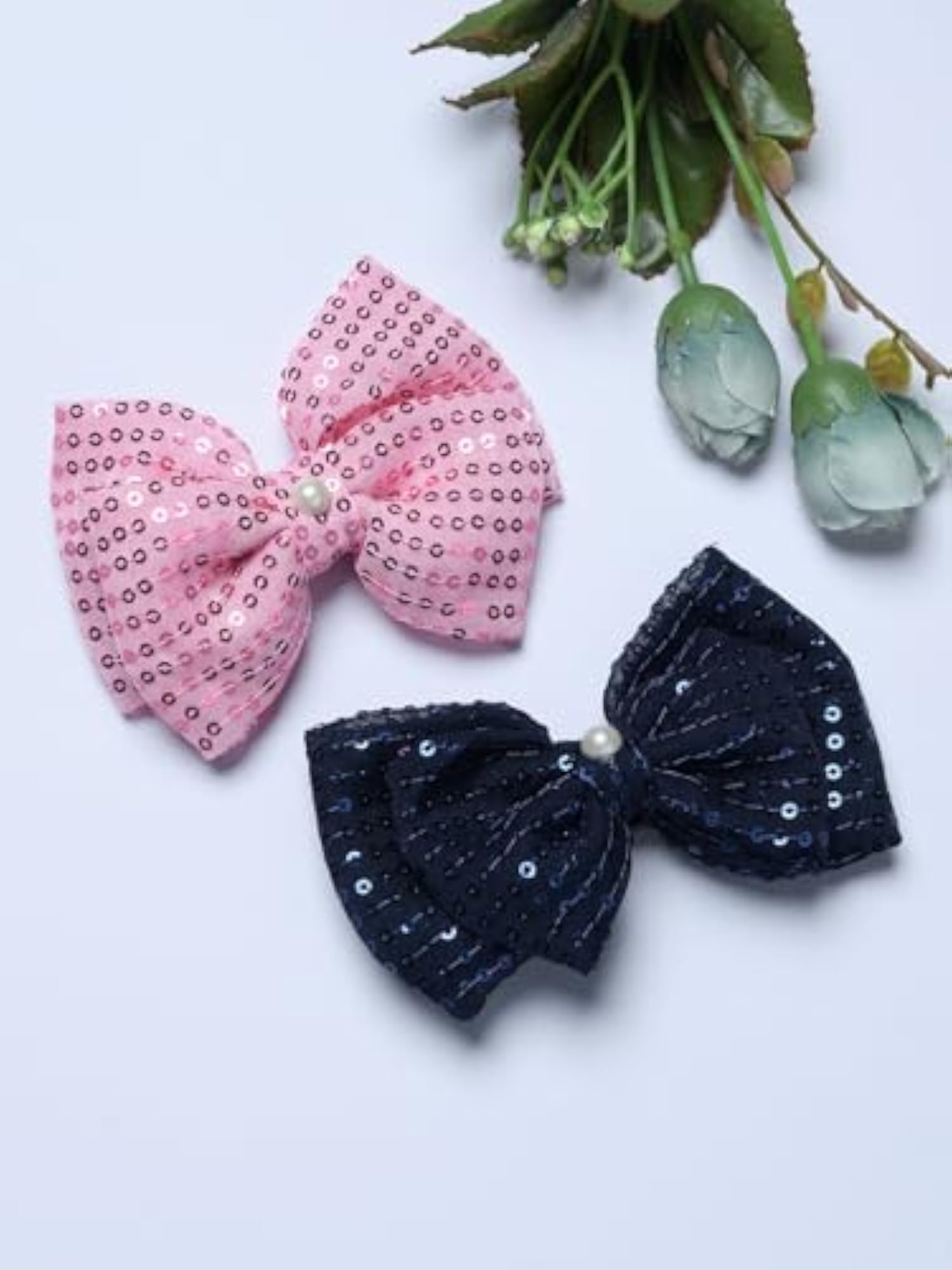Pack Of 2 Trendy Sequence Bow Hair Clips, Pink & Navy