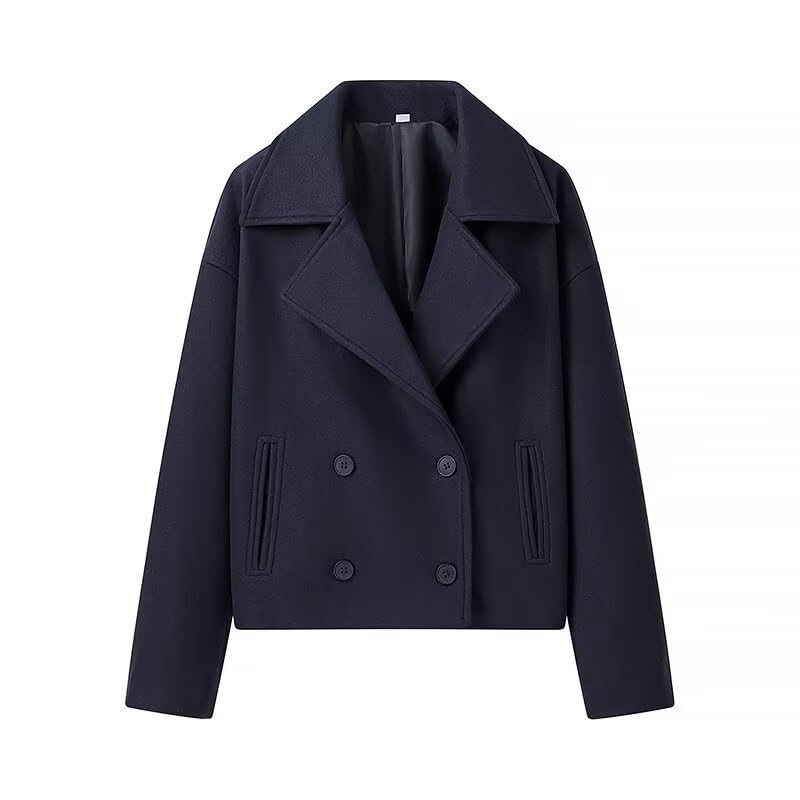 Cropped Trench Coat for Women Long Sleeve Double Breasted Notched Lapel Casual Loose Fit Jackets with Pockets