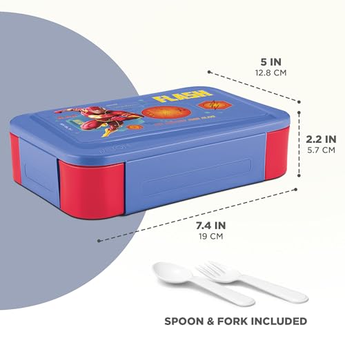 Image of MILTON Berry Tiffin Lunch Box for Kids Boys & Girls with Leak-Proof Inner Container| Food Grade,BPA Free,Compact & Durable Snacks Box for Kids I Plastic Spoon & Fork, 850 ml, Flash Print, Blue