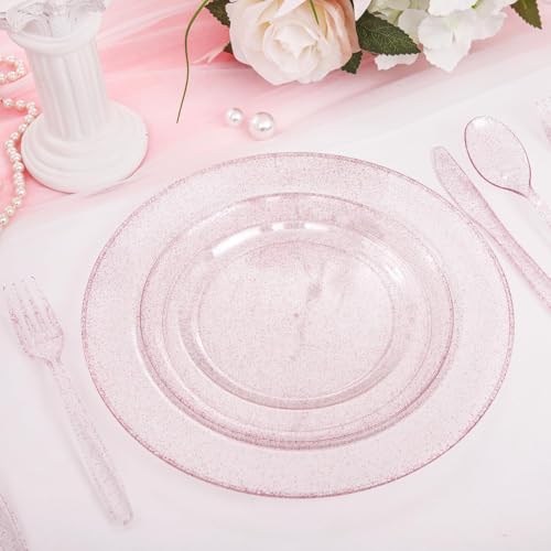 Image of WDF 120pcs Pink Plastic Plates Disposable - Clear Pink Glitter Plates including 60PCS Dinner Plates 10.25inch and 60PCS Salad Plates 7.5inch for Wedding /Baby Shower /Spring /Birthday