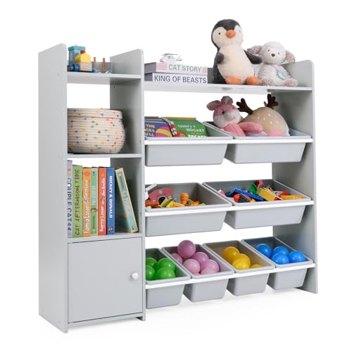 GOPLUS Organizador de Juguetes para Niños, Estantería de 4 Niveles con 8 Bandejas, Armario para Juguetes y Libros, Mueble Infantil Versátil para Dormitorio Salón Guardería, 112,5 x 30 x 100 cm (Gris)