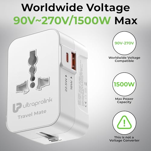 Image of UltraProlink International All in One Universal Travel Adapter|20W Charger|USB-A + Type C Port|PD3.0 Support|1500W|for Mobile,Tablets,Cameras|UM1341|Travel Mate|White