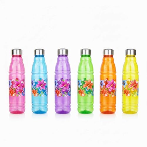Image of RED WIND Unbreakable 1 Litre Floral Print Water Bottles | Pack of 6 | Multicolor | Leakproof Screw Cap | BPA-Free | Bottles for Fridge, Gym, Home, Office, School and Travel