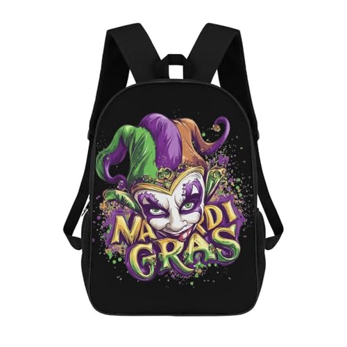 Mardi And Gras Jester Mask Travel Backpack 17 Inch Casual Daypack Shoulder Bag with Adjustable Shoulder Straps