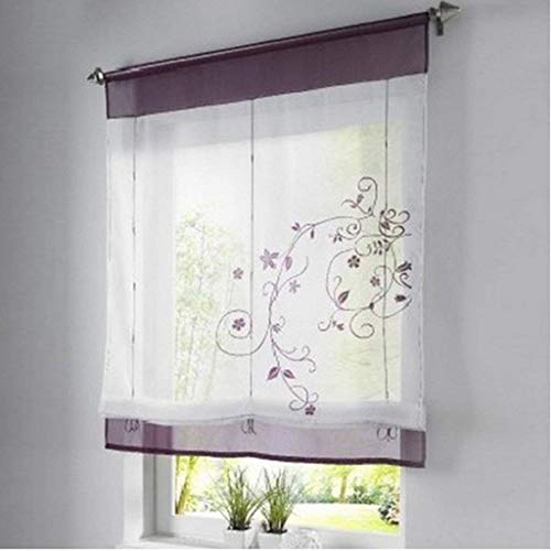SIMPVALE Roman Blinds for Kitchen Sheer Voile Roman Curtain Rod Pocket with Flower Embroidered for Bedroom Living Room Balcony Bathroom (Purple, 55.1