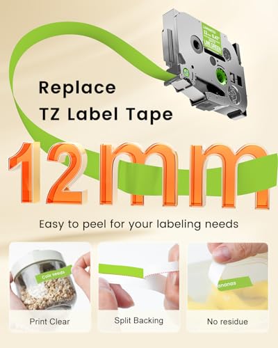Image of TZe-MQG35 Label Maker Tape Replacement for Brother P-Touch Label Tape | White on Lime Green TZe TZ 12mm 0.47 inch Laminated Matte for Ptouch PT-D210 D220 D200, 12 mm(1 /2 Inch) x 8m(26.2ft), 3 Pack