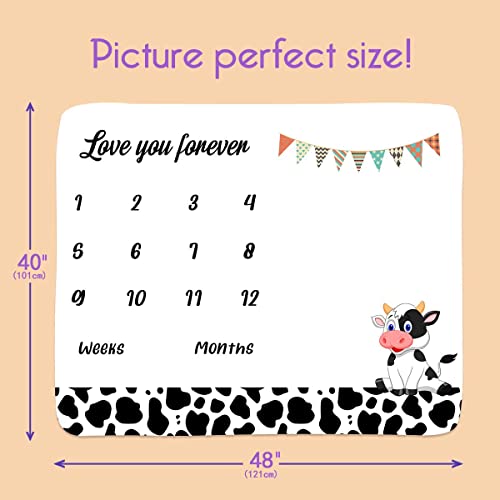 Image of Cow Milestone Blanket for Baby Boy, Farm Animals Cow Print Photography Background Newborn First Year Growth Blanket for Baby Pictures Include 4 Frames and 1 Headband 48 inchx40 inch BTYYPH46