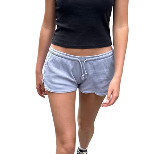 cochineal Women Low Rise Sweat Shorts Casual Y2k Drawstring Low Waisted Athletic Shorts Summer Cute Lounge Running Shorts(Waffle Light Blue,Medium