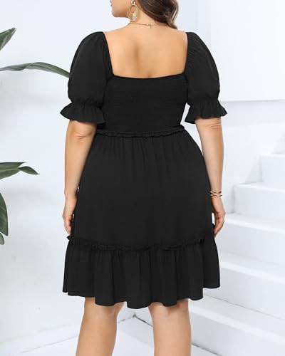 Image of Pinup Fashion Women Plus Size Puff Sleeve Summer Floral Smocked Short Dress | Sweetheart neckline, smocked bodice, ruched ruffle hem, cute babydoll style, for beach, vacation, casual wear