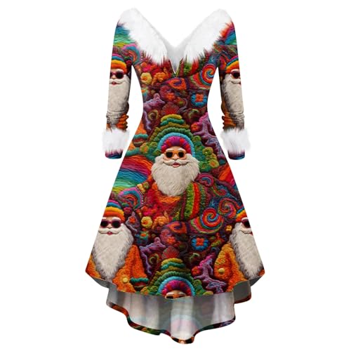 Weihnachtskleider Damen Midi, Weihnachtskleid mit Aufdruck, Kleid Coktail Langärmlige Busness Kleider A-Linien Weihnachtse V-Necke Patchwork...