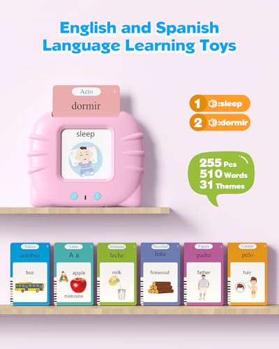 Image of Bilingual Spanish and English Talking Flash Cards for Ages 2+, Pocket Speech Therapy Tools with 512 Words, Montessori Language Learning and Autism Aids (510 Words English & Spanish Pink)