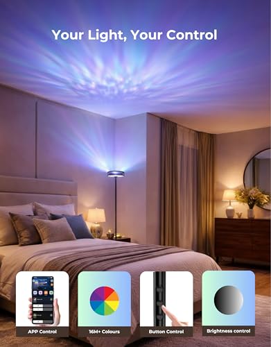 Image of Apex Uplighter Floor Lamp for Living Room, RGBIC Water Ripple Projector, Floor Lamp for Bedroom, Smart LED Corner Floor Light with RA90 Reading Lamp, App & Button Control