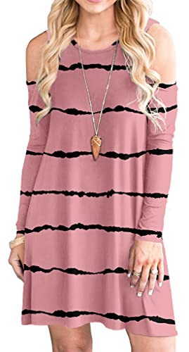 PCEAIIH Women's Cold Shoulder T-Shirt Dress with Pockets (M, Bean Red Stripe)