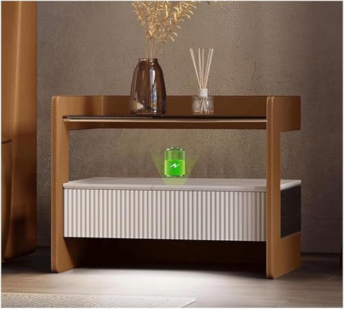 Moderna mesita de noche con sensor inteligente, mesa auxiliar minimalista con cajón de madera y parte superior de cristal, mesita de noche de lujo