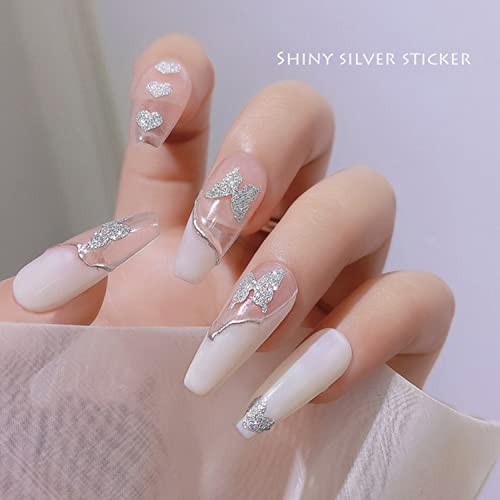 Silver Nail Art Stickers, 3D Shiny Silver Nail Art Decals Design, Animal Bear Love Heart Stars Flame Butterfly Nail Self-Adhesive Sticker For Women Girls Manicure Charms Decorations Diy Nail Art Decal #TOP2