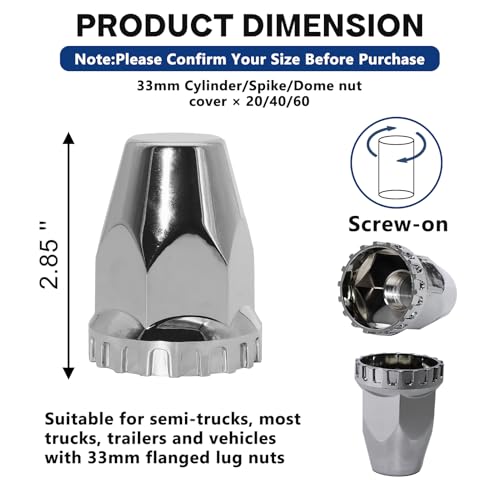 Image of 33mm ABS Chrome Dome Screw-on Lug Nut Caps Standard Flanged Column Lug Nut Cover Dome for Semi Truck Trailer (20PCS)
