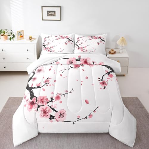 Image of Feelyou Cherry Blossoms Traditional Comforter Set King Size Bedding | Adults Japanese Sakura Flower Botanical Style Duvet Set Bedroom Decor Warm Cozy Breathable Lightweight All Season