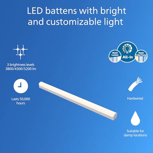 Image of Philips LED 2-Pack 4FT High Brightness Utility Garage Shop Batten Strip Fixture, Hardwired, 3800 /4300 /5200lm, CCT 3500 /4000 /5000K, 50,000 Hours, Damp Rated, 120-277V - Basement Ceiling Undercabinet