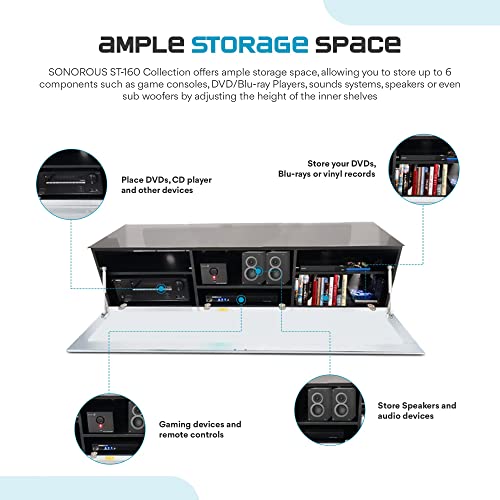 Sonorous St-160B Tv Stand - Modern Wood And Glass Tv Cabinet With 6 Shelves For Storage Accessories, Audio/Video Components & Consoles, With Hidden Wheels, Support Sizes Up To 75" - White Wood Cover #TOP3