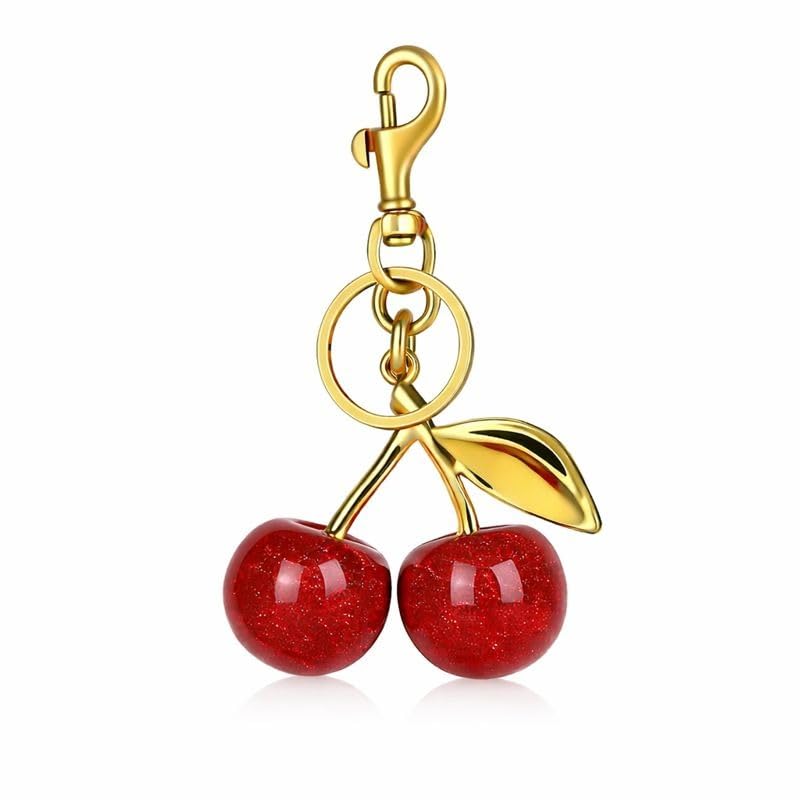 Image of Cherry Keychain with Gold-Tone Keyring and Safety Snap Hook, Red Cherry Charm Design