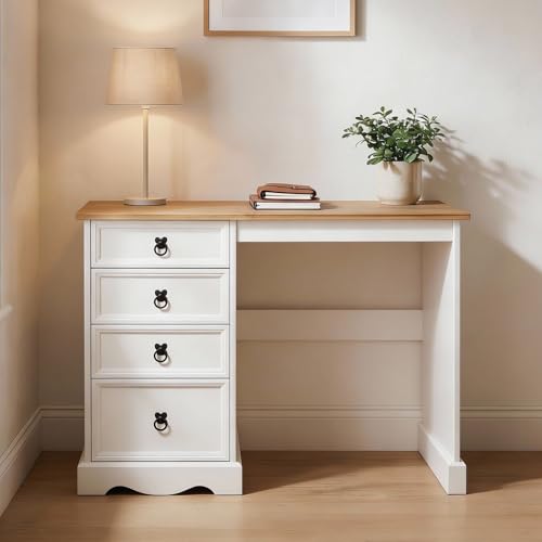 CARO-Möbel Schreibtisch Campo im Landhausstil, eleganter Tisch aus massiver Kiefer, Bürotisch mit Schubladen