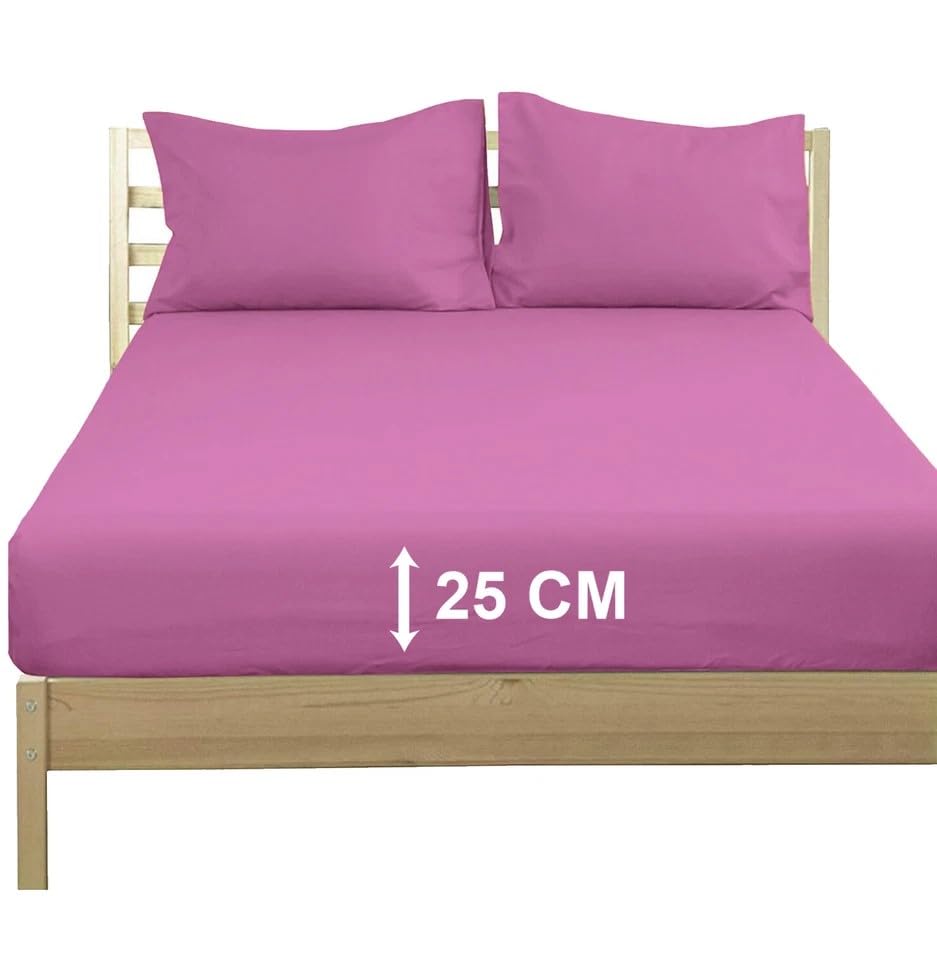 Extra Deep 25 cm Poly‑Cotton Fitted Sheet - 100 % Poly‑Cotton Bed Sheet Easy Fit - Soft, Durable & Wrinkle-Resistant Bedding (Pink, King)