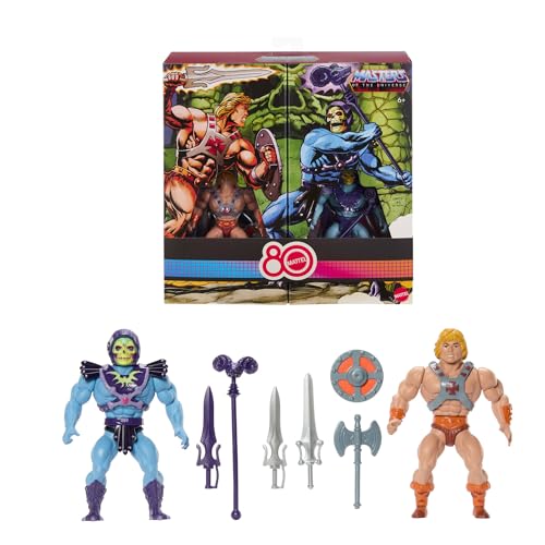 Les Maîtres de l’Univers Coffret de 2 Figurines Origins rétro Musclor et Skeletor, 80 ans de Mattel, mouvement de rotation et de frappe, figurines de 14 cm et accessoires, JFX04