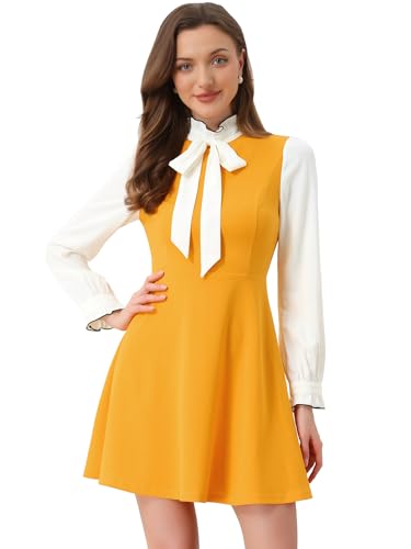 Image of Allegra K Tie Neck Dresses for Women's 1960s Vintage Long Sleeve Contrast Color Dress